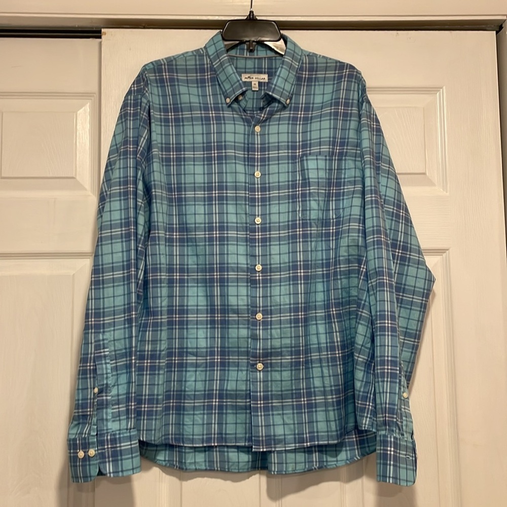 ✨Peter Millar Beautiful Blue Plaid Soft Cotton Dress Shirt. NWOT Size XL